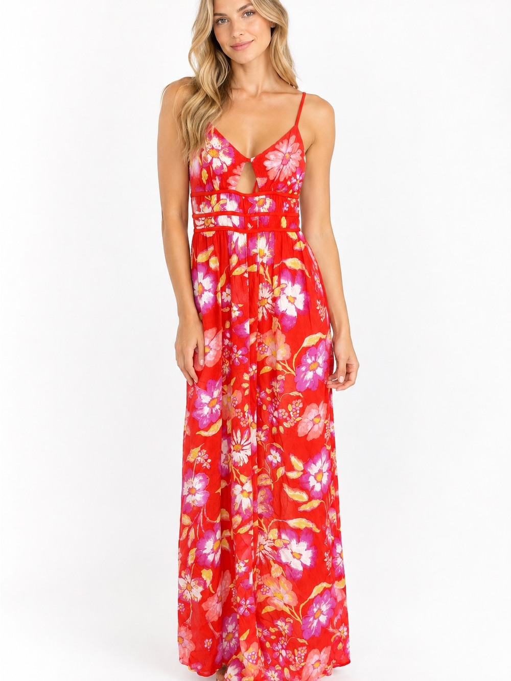 Free People Wisteria Maxi Dress Pop Combo Red Floral Boho Resortwear Size M